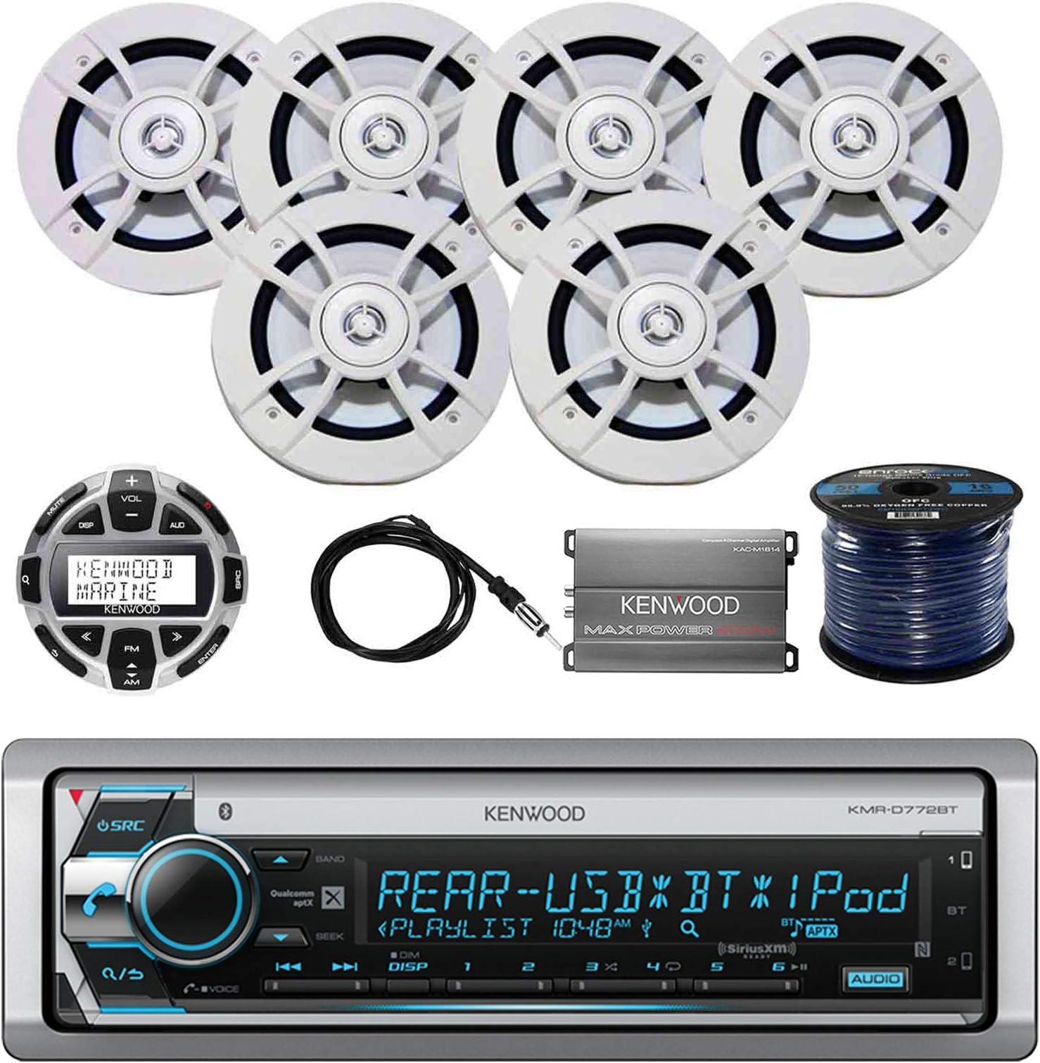 Kenwood KMRD772BT Marine CD Receiver with Kenwood Wired Remote, Kenwood Marine Speakers (3-pairs), Kenwood Compact 4-channel Amplifier, Enrock EKMR2 Marine Antenna and Enrock 50 Foot 16-G Speaker Wire