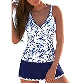 ROSEWE Two Piece Tankini Swimsuits for Women, Tummy Control Bathing Suit with Skirt, V-Neck Swimdress