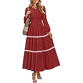 ZESICA Women's Spring Long Sleeve Maxi Dresses 2026 Casual Crewneck Smocked A Line Tiered Flowy Wedding Guest Long Dress