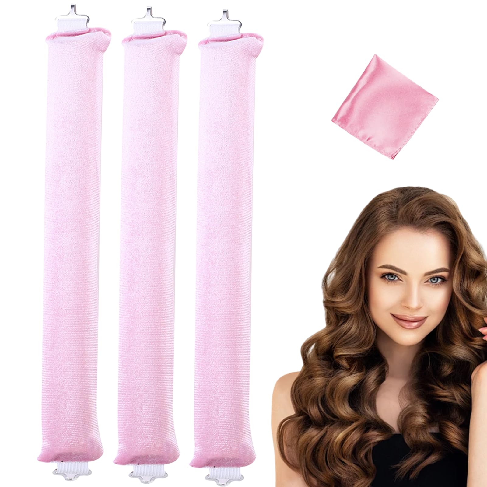 Pack of 3 Heat-Free Curlers, Heat-Free Curling Bands Overnight, Overnight Blowout, Heat-free Curls, Suitable for All Hair Types, Medium to Long Hair, with Scarf (Pink, L)