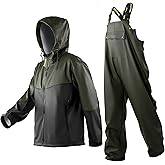 Men’s PRO Fishing Rain Gear 3-Piece Waterproof Jacket & Bib Pants Set, ECO PU Rain Suit, Comfortable Multi-Function Workwear