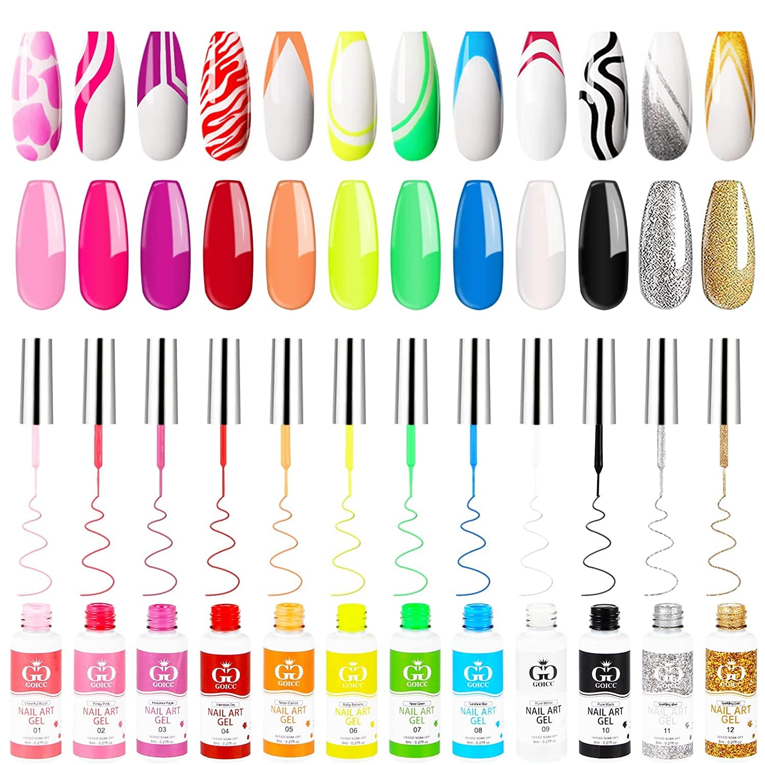 GOICC 12-Colour Gel Liner Nail Art Set For Girls– Painted Gel Polish Kit for DIY Nail Art Design, French Tips & Salon Use, 8ml