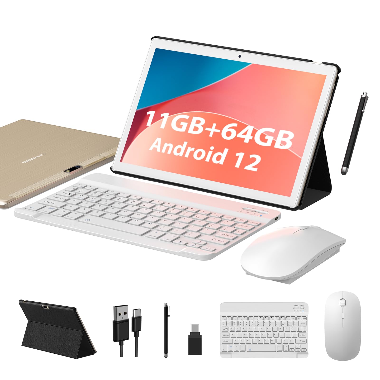LNMBBS Android Tablet 10 Inch, 11GB RAM 64GB Storage, Android 12.0, Octa-Core Processor, With Keyboard, Large Battery, Dual Camera, Wi-Fi, Bluetooth, GPS, Mouse, Cover, Gold