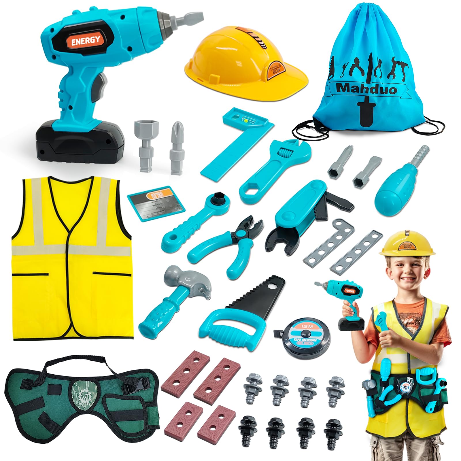 Mahduo Kids Tool Set, 43 PCS Construction Toys Tool Kit with Builder Worker Vest, Hard Hat, Toy Drill, Toddler Tool Belt, Pretend Play Kids Toys Gifts for Boys Girls Age 3 4 5 6 Years Old