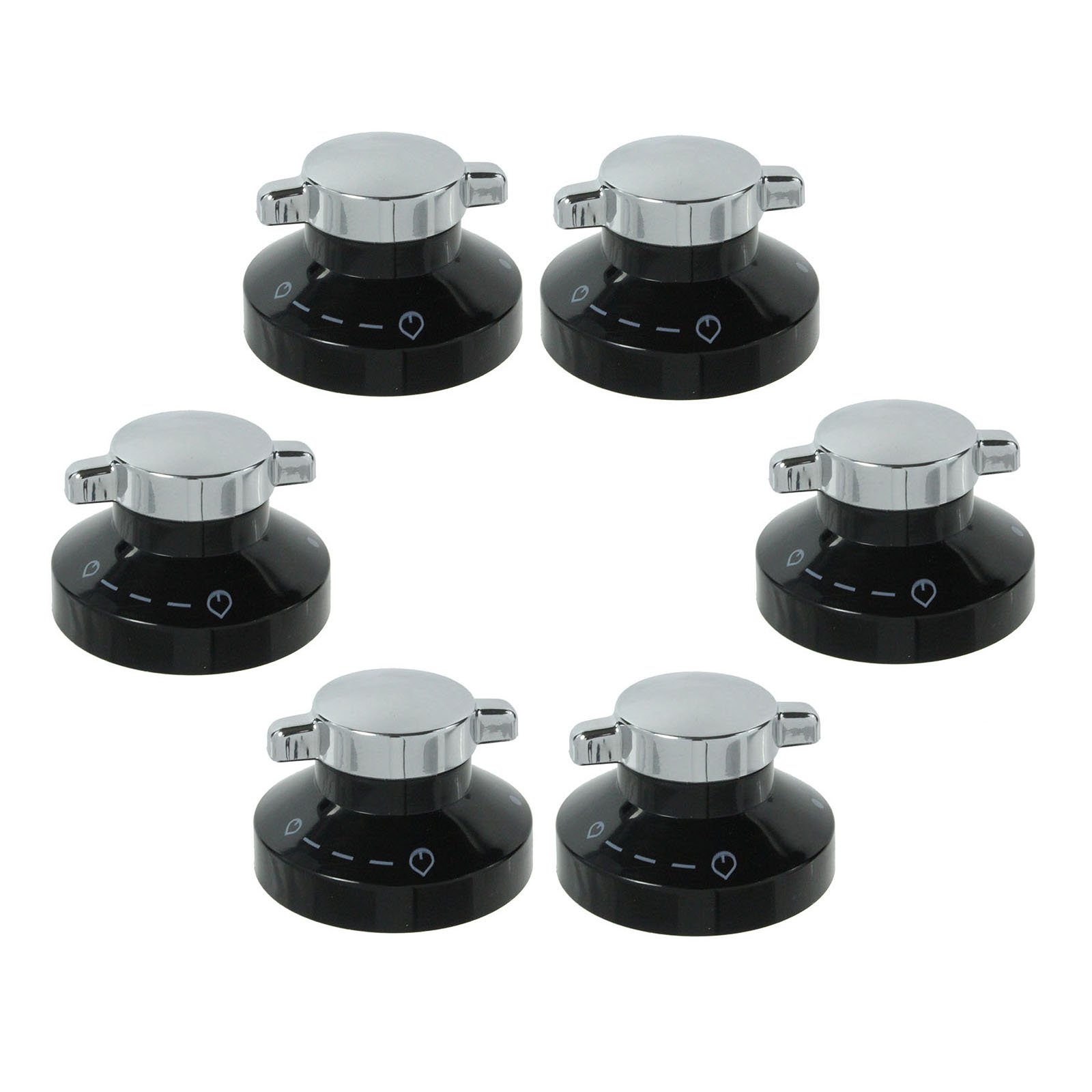 Spares2go Gas Flame Control Knobs Compatible with Stoves/New Home Oven/Cooker/Hobs (Black & Chrome, Pack of 6)