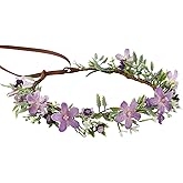 KorViSHOW Handmade Purple Flower Crown Floral Headband for Bridal Weeding Elf Wreath Women Girls Headdress Fairy Green Leaf Headpiece Cosplay Photo Prop