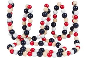 One Holiday Way 9 Foot Decorative Red White Blue and Natural Wood Bead Garland – Vintage Patriotic July 4th Decoration Rustic Americana Home Décor