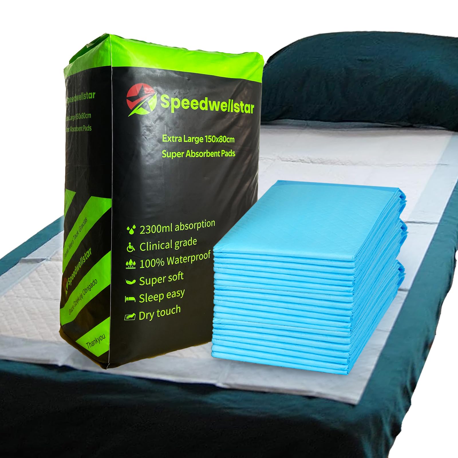 150 x 80 cm Extra Large 2300 ml Disposable Incontinence Bed Pads Pack of 20 Super Absorbent Protector Full Size Bed Wee 2300 ml
