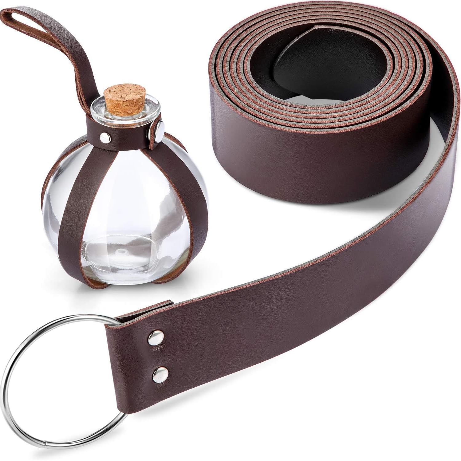 Ieron Halloween Dark Magic Cork Potion Bottle Round Spherical Clear Glass Bottle with 74" Medieval Knight Leather Belt for Costume Cosplay Props DIY Crafts and Decorative Bottles