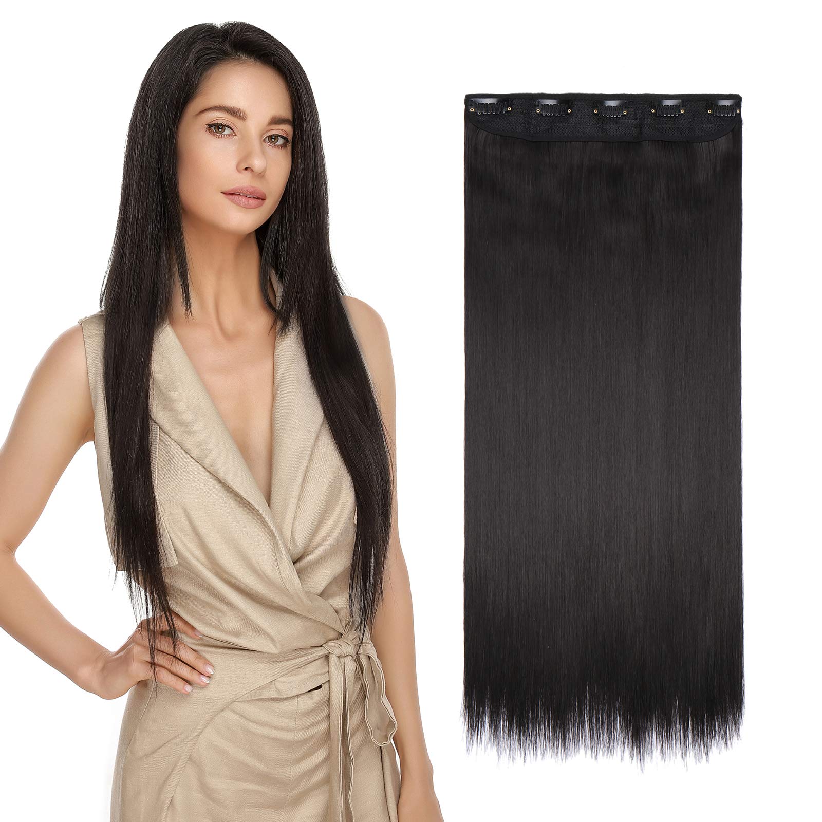23inch Natural Black Hair Extensions One Piece Clip in Hair Straight Hairpiece Synthetic Half Head Heat Resistant