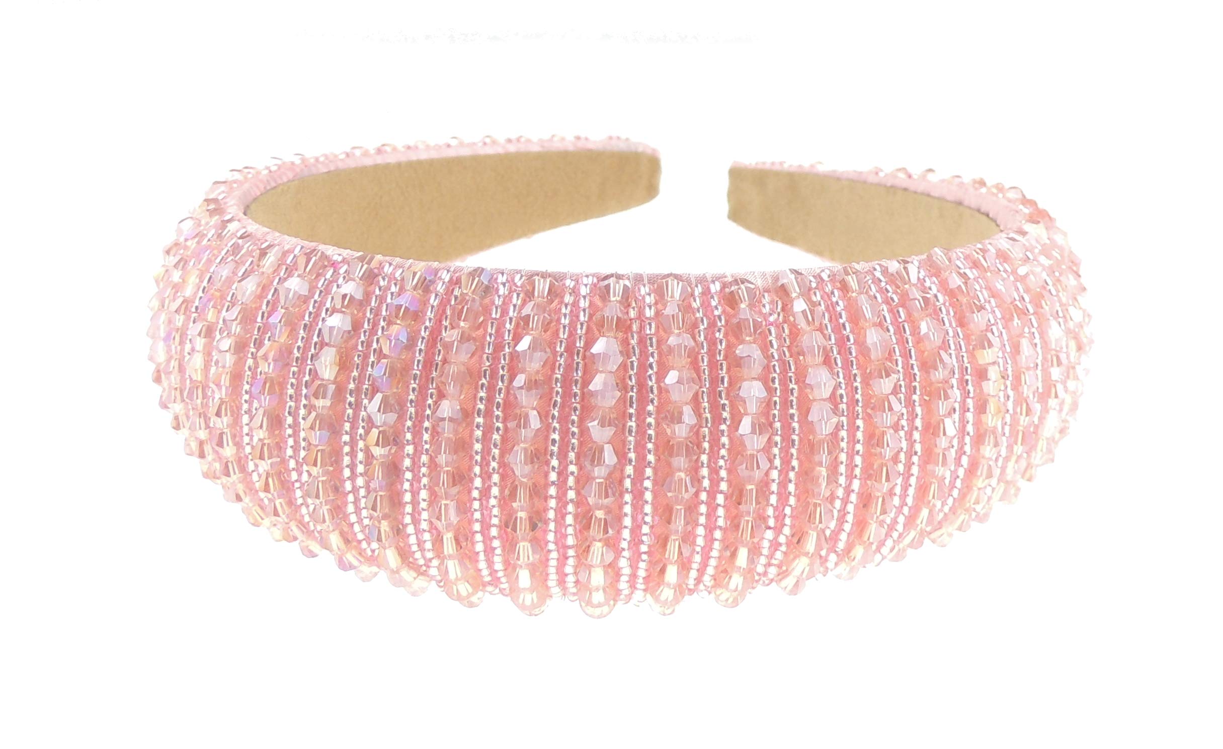 Womens Sparkly Beaded Rhinestone Embellished Jeweled Crystal Wide Thick Padded Evening Formal Occasion Christmas Birthday Wedding Bridal Party Headband Alice Band Hairband (Pink, One Size)