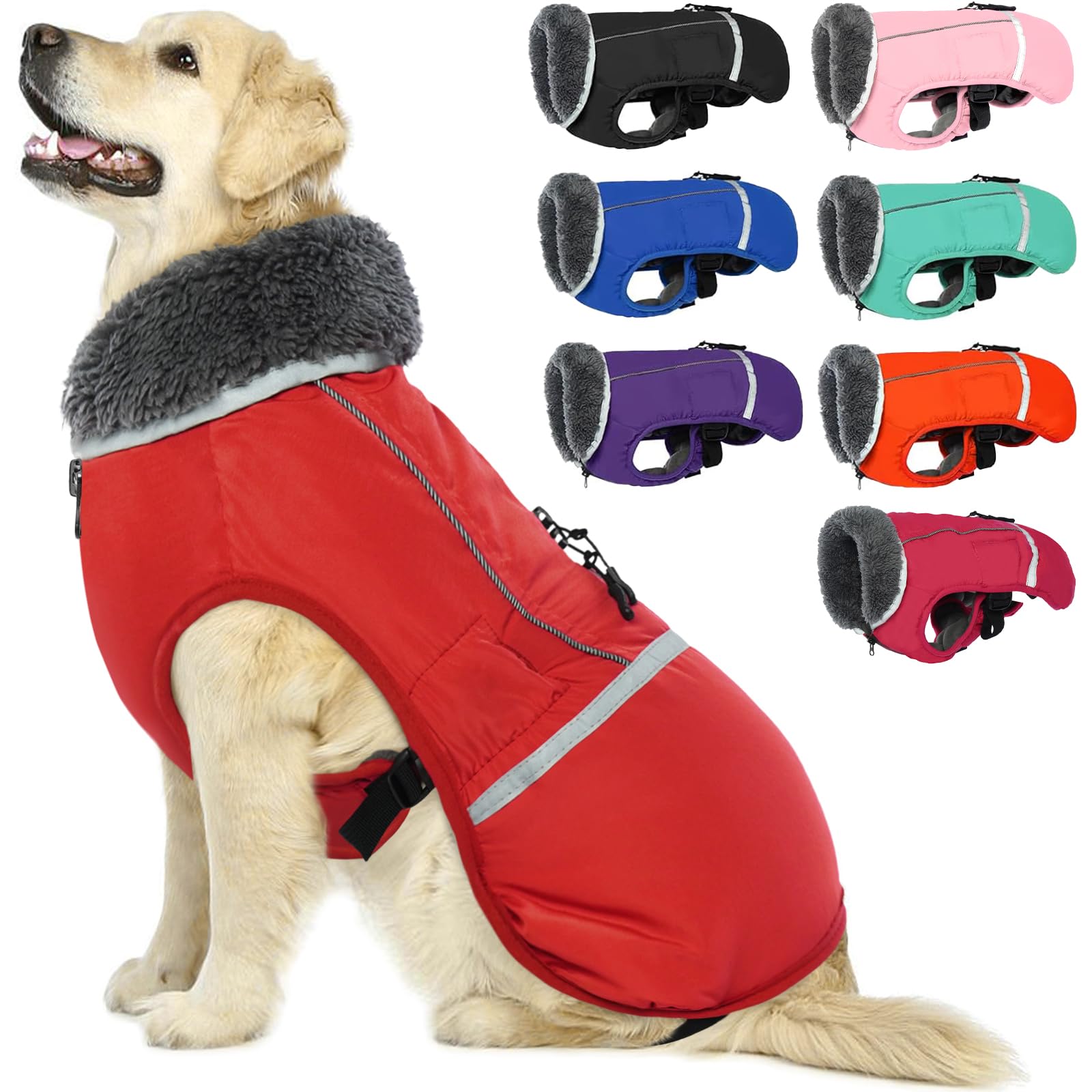 QBLEEV Dog Coat, Reflective Waterproof Windproof Dog Jacket with Turtleneck for Cold Weather, Thick Fleece Lining, Pet Outfit, Adjustable Pet Vest for Large Dogs, Purple, XL