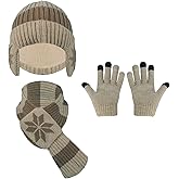 Kids Winter Hat Gloves Scarf Set, Warm Knit Beanie with Earmuffs Neck Warmer Touch Screen Gloves for 4-10 Years Boys Girls