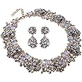 Vintage Crystal Rhinestone Statement Choker Bib Statement Necklace Earring Fashion Costume Jewelry Set for Women