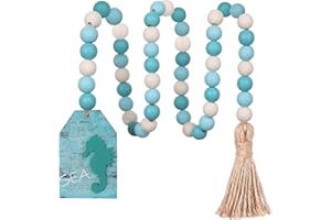 Meplait Beach Wooden Beads Garland with Tassel, Farmhouse Beads Summer Tiered Tray Decor Boho Tassel Garland Decorative Beads for Beach Home Decoration（39in）