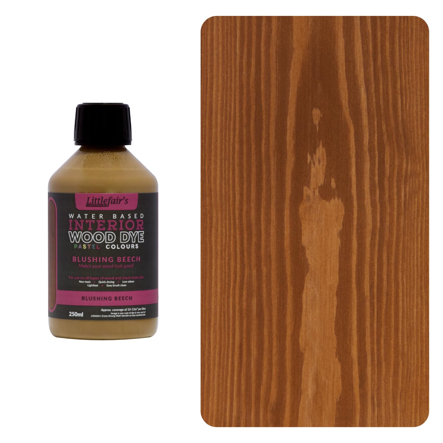 Littlefair's Wood Stain Water Based - 250 ml - Indoor Furniture Stain Light & Dark Finishes - Special Non Toxic & Eco Friendly Formula - Wood Stain for Crafts - Colour: Blushing Beech