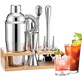 BRIOUT Cocktail Shaker Set, 8-Piece Bartender Kit Include Stand Martini Shaker Jigger Strainer Muddler Mixer Spoon Pour, Home Bar Accessories Tools for Drinks Mixing, Stainless Steel Silver
