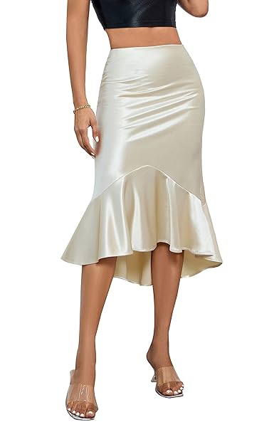 ALCEA ROSEA WOMENS SATIN HIGH WAISTED SILK A-LINE WEDDING ELEGANT ELASTIC MIDI SKIRT(GOLD CHAMPAGNE,XXL)