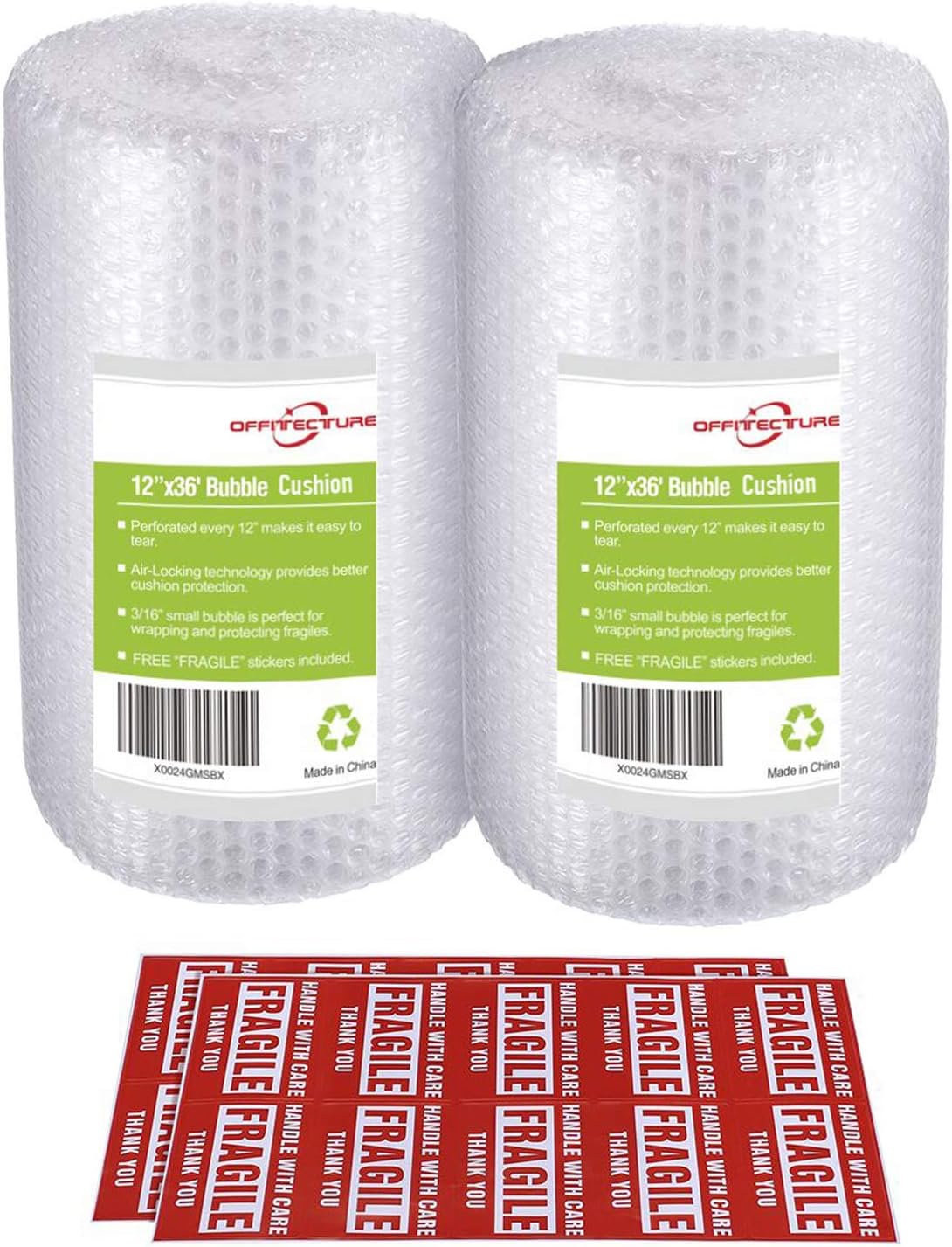 2-Pack Bubble Cushioning Wrap Rolls, 3/16" Air Bubble, 12 Inch x 72 Feet Total, Perforated Every 12", 20 Fragile Stickers Included : Office Products