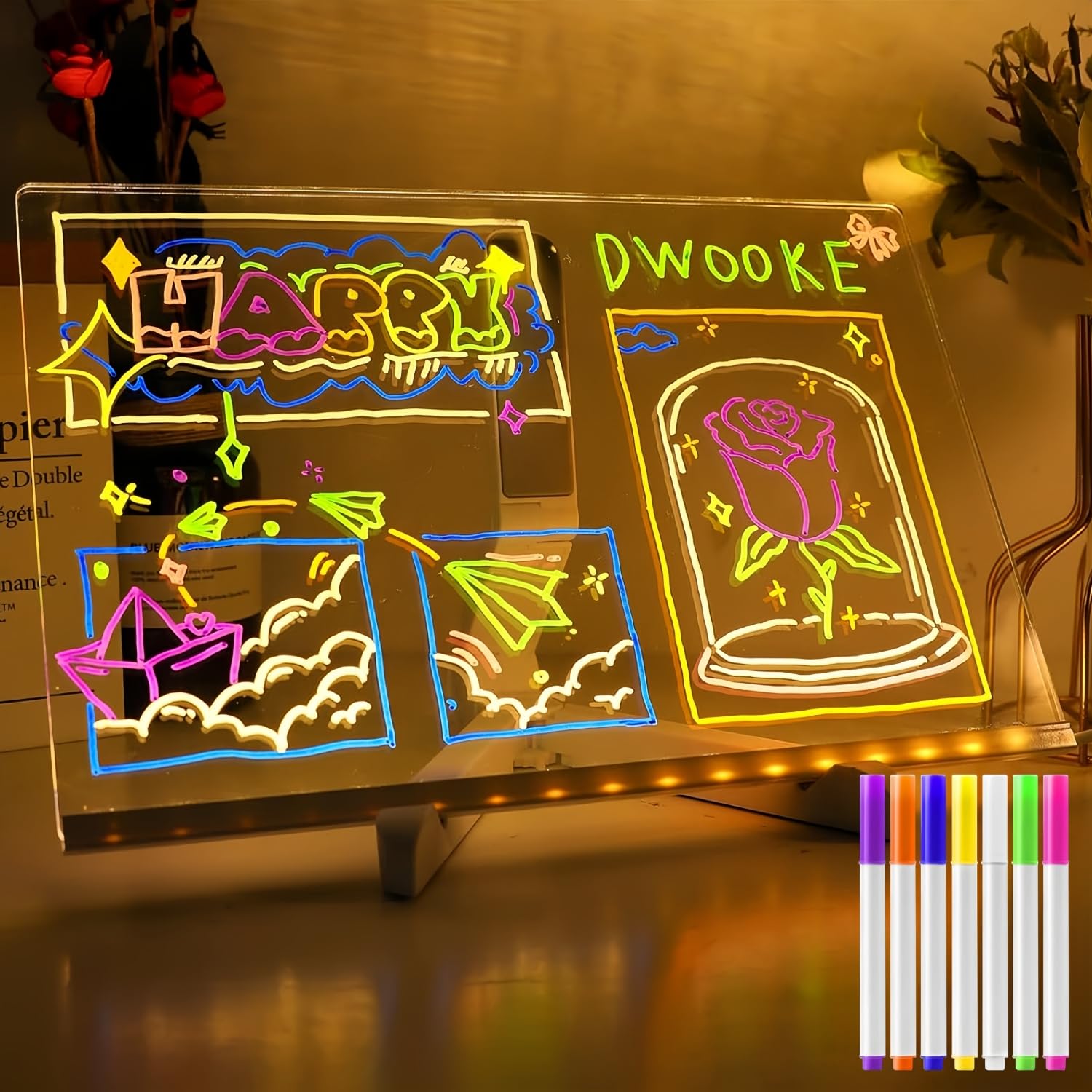LED Drawing Board with 7 Colors Pen & 2 Wipes, 30x20cm Led Light Note Message Board, Acrylic Dry Erase Light up Memo Arts Doodle Desktop Note Illuminated Wordpad Gift for Kids School Home Cafe Office
