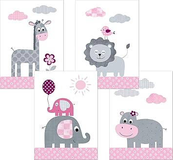 Lalelu Prints A4 Bilder Kinderzimmer Deko Madchen Junge Zauberhafte Dschungel Tiere Rosa Poster Babyzimmer 4er Set Kinderbilder Din A4 Ohne Rahmen Amazon De Baby