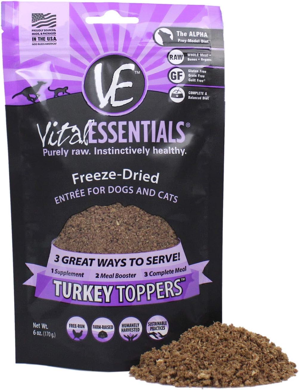 Vital Essentials Freeze-Dried Grain-Free Turkey Toppers for Dogs or Cats, 6 oz.