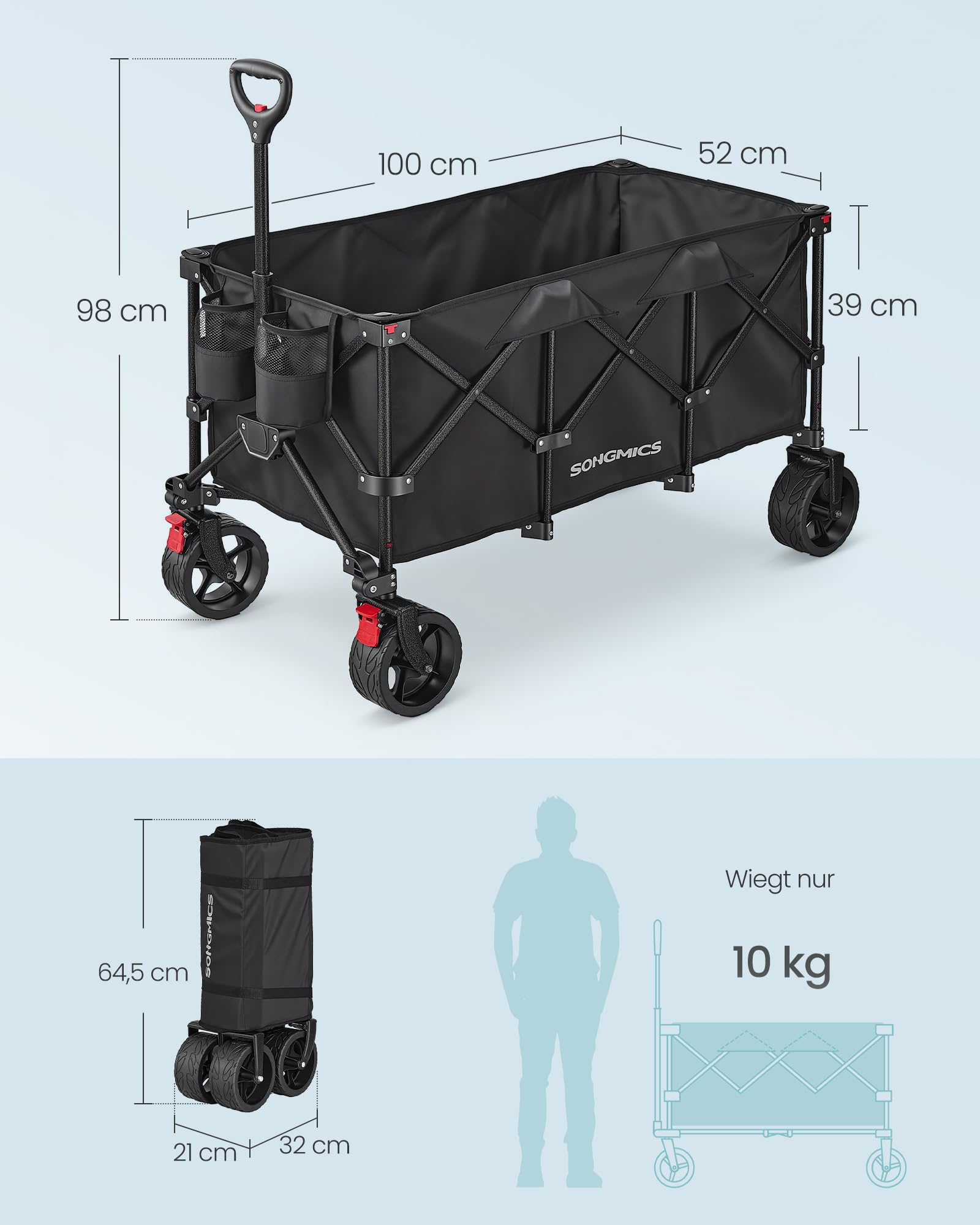 SONGMICS Handwagen faltbar, Bollerwagen, Gartenwagen, Campingwagen mit Griff, 4 abnehmbaren Rollen, Outdoor, Garten, 200 L, bis 150 kg belastbar, tintenschwarz GFW200B101 7