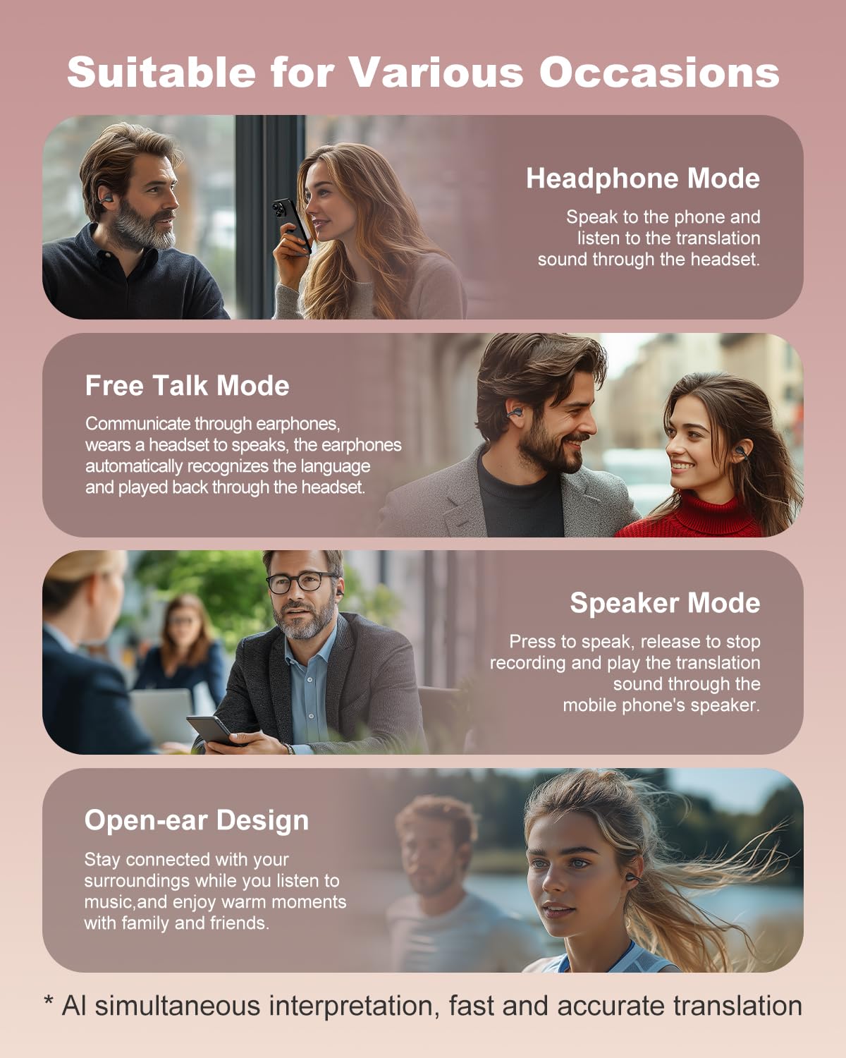 AI Translation Earbuds Real Time, 163 Languages & Accents Translator Ear Buds Audífonos Traductores Inglés Español Open Ear Earbuds Wireless Headphones for Travel Business Learning