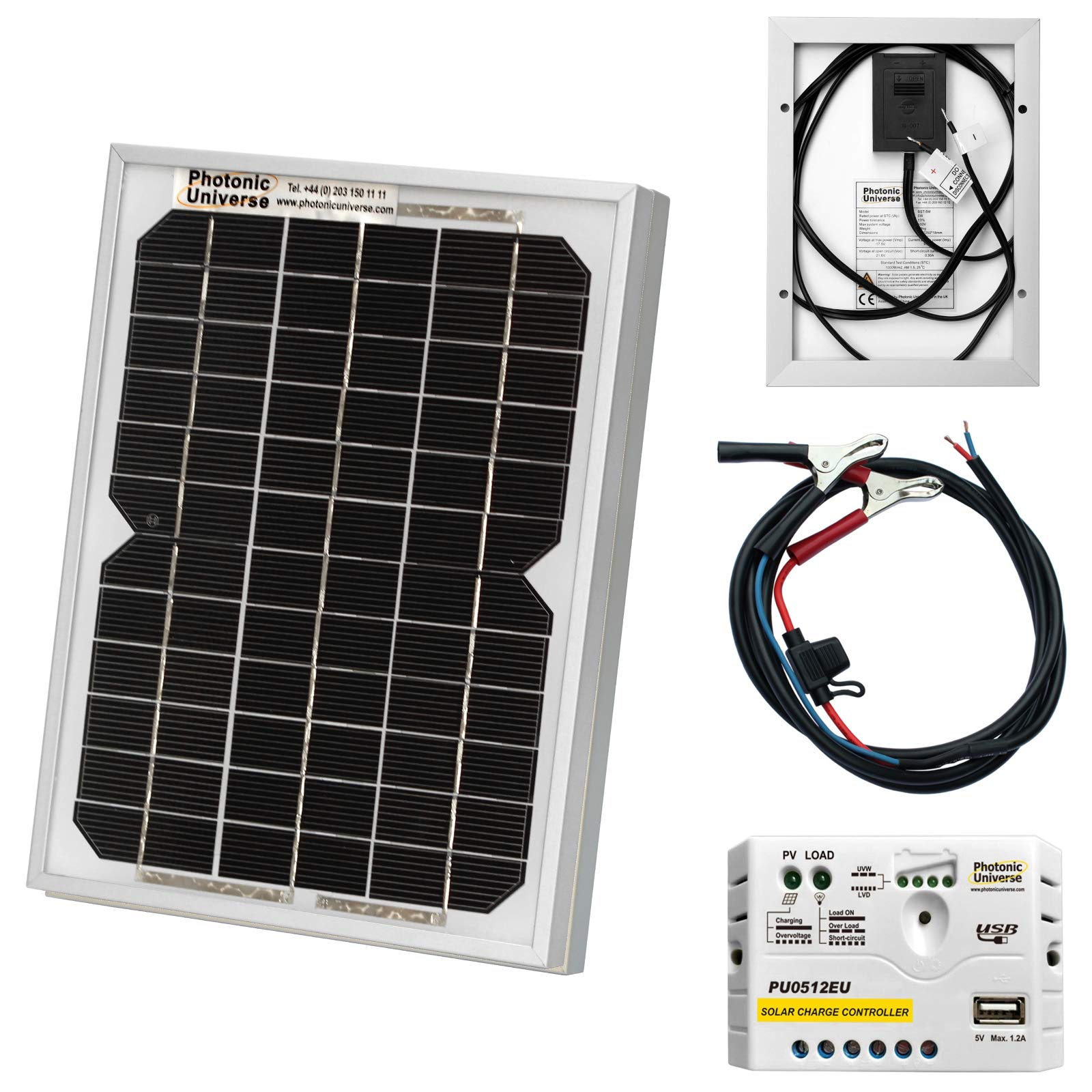 5W 12V Photonic Universe Solar Panel kit with 5A Charge Controller and Battery Cables for a Camper, Caravan, Boat or Any Other 12V System (5 watt)