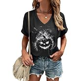 Butovek Womens Fall Halloween Thanksgiving V Neck Shirt | Funny Graphic Short Sleeve Tee Autumn Holiday Family Matching Tops