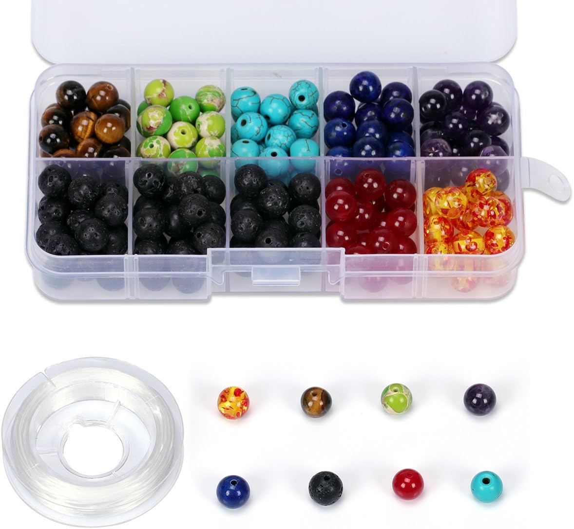 Vesungimey 200pcs 8mm colorful natural chakra beads and Black Lava Rock Stone Essential Oil Diffuser bead for jewelry making Bracelet Necklace pendant DIY