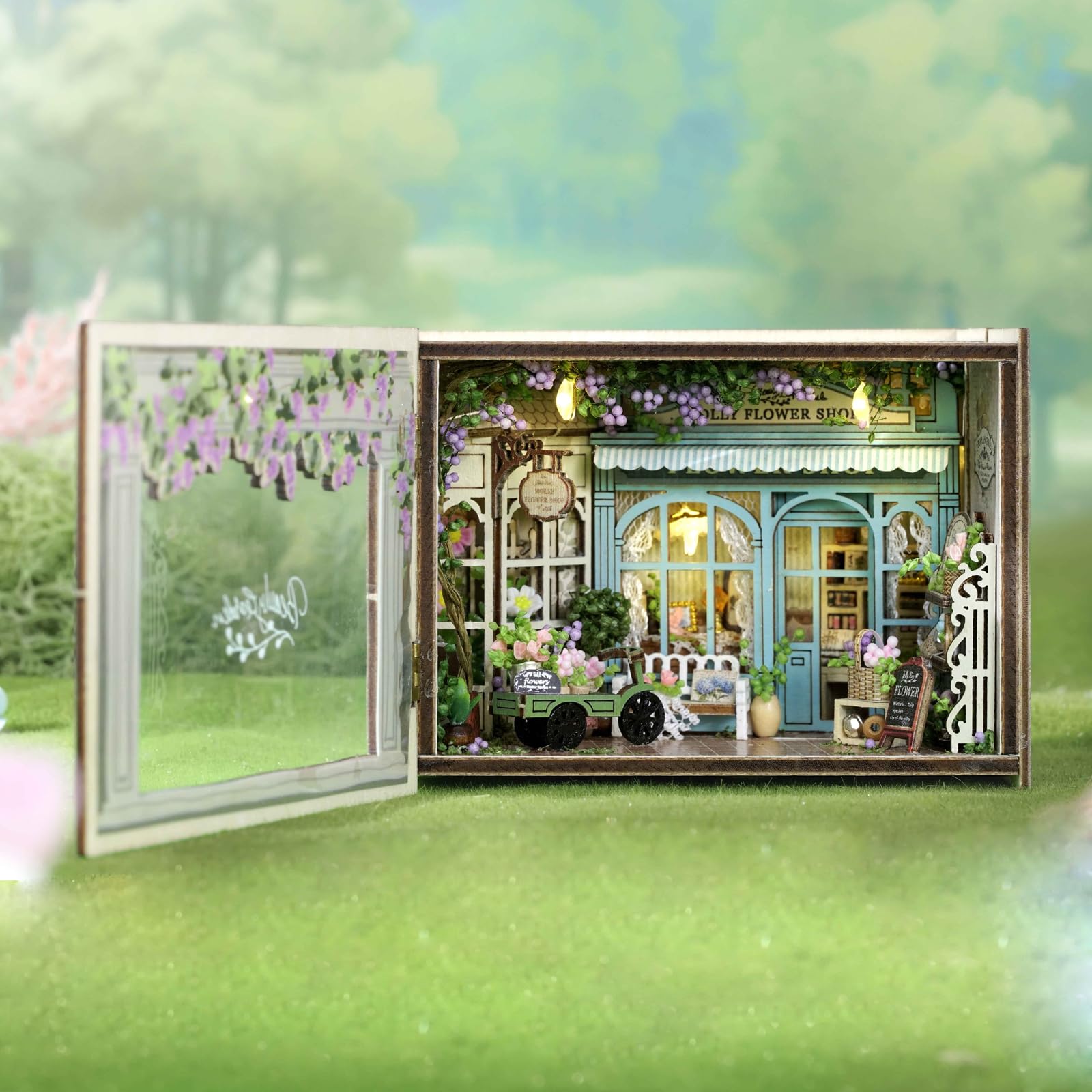 DIY Book Nook Kit with LED Lights, Wooden Miniature Dollhouse for Adults (14+), 3D Wooden Puzzle BookNook Bookend, Tiny House Craft Kit, Home Decoration Gift for Book Lovers, 1:100 Scale(Molly Garden)