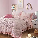 A Nice Night Rainbow Stripes & Bows Bedding Set,Ruffle 6 Piece Bed in a Bag Matching Sheet Set,Princess Style Chic Bow Printed,Light Pink Room Decor for Girls,Twin
