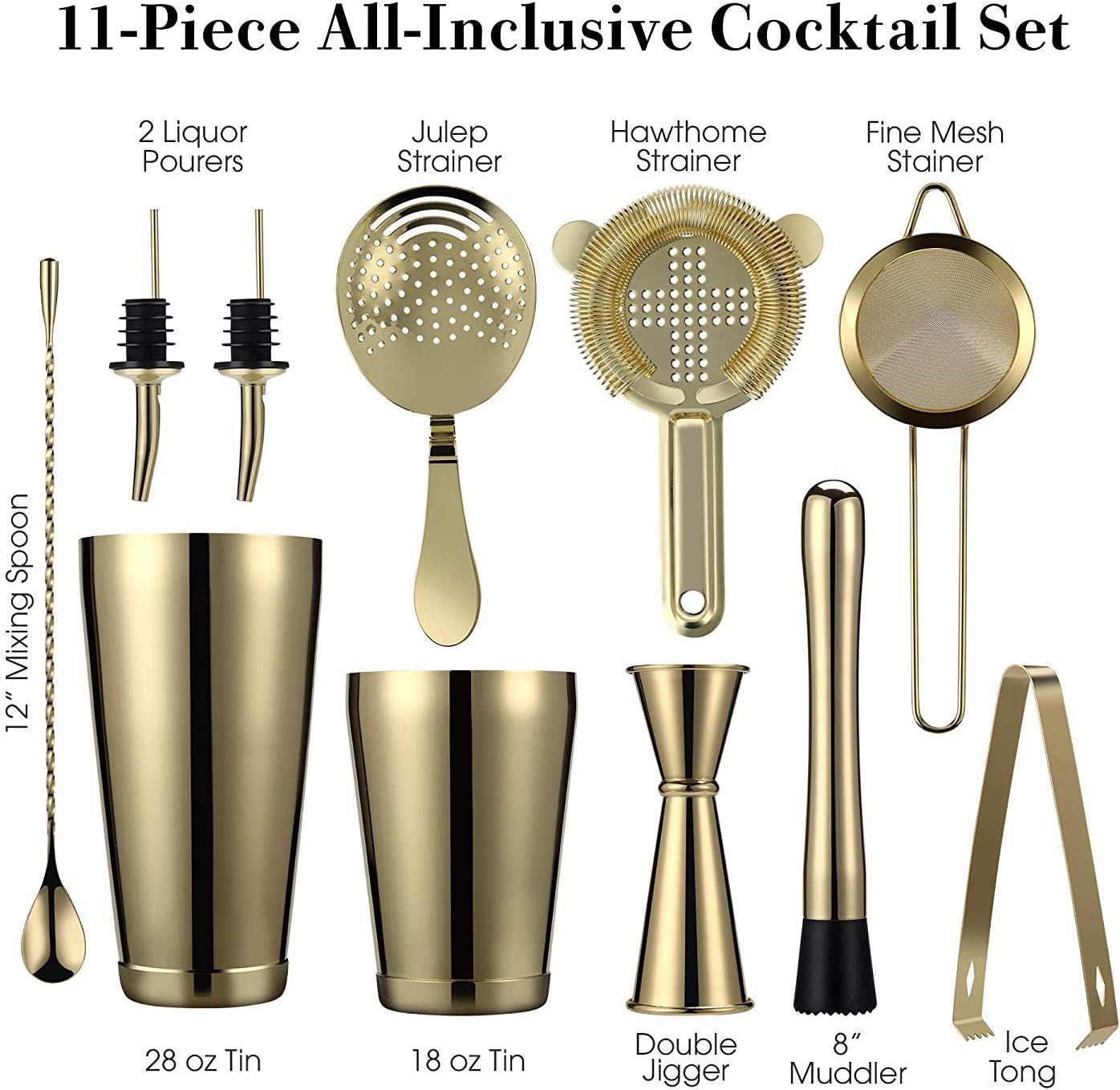 11 Piece Bartender Kit Cocktail Boston Shaker Barware Set Includes 28 and 18 OZ Includes Weighted Shaker Tins Strainer Muddler (Gold)