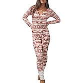 ICNGLKSND Women's Sexy Christmas Bodycon Jumpsuit Long Sleeve Union Suit Sleepwear Button V Neck One Piece Ugly Party PJs