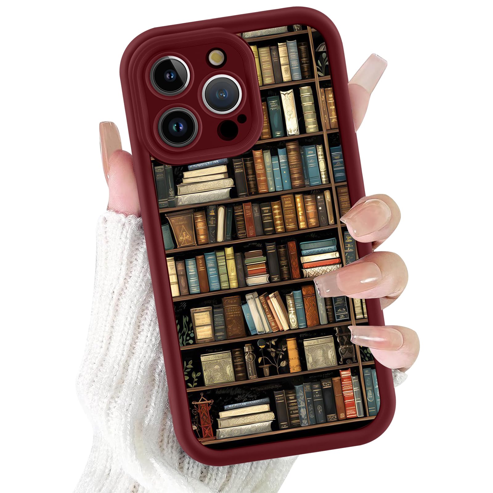 Vulfwela Bookshelf Phone Case for iPhone 14 Pro Burgundy Wine Red Vintage Bookcase Style Case 6.1", Cute Aesthetic Fall Autumn Pattern Design Girly Women Cover Shockproof Soft TPU Protective Funda