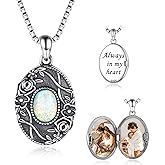 oGoodsunj Sterling Silver Locket Necklace for Women Opal Oval-shaped Hold Pictures Photo Pendant Vintage Roses Cross Memory Jewelry Gifts for Women