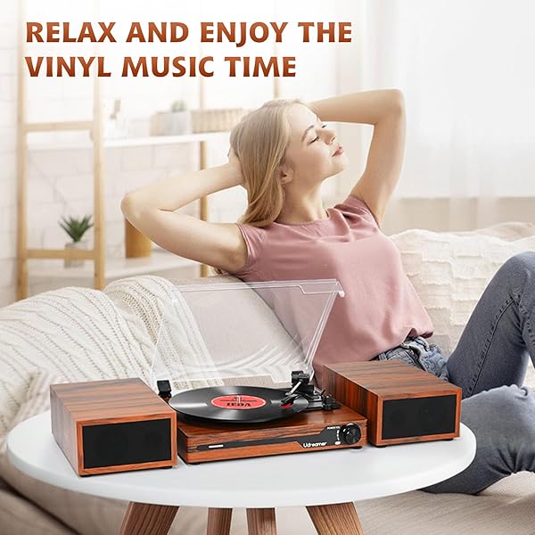 VINYL RECORD PLAYER WITH SPEAKERS,BLUETOOTH PORTABLE TURNTABLE FOR VINYL RECORDS,PHONOGRAPH LP PLAYER WITH 3 SPEED USB RCA IN VINTAGE BROWN