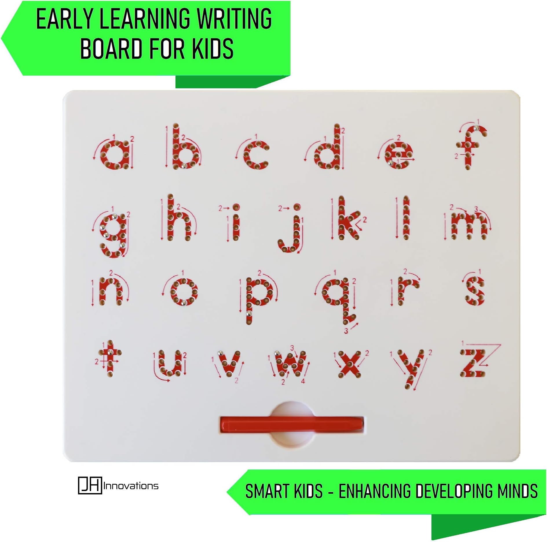 JH Innovations Magnetic Alphabet Tracing Letter Board | Travel Size 12" x 10" | Lowercase Letters | Develop Cursive Writing Toddlers and Kids | STEM | Pen Included | Child Proof Magnets