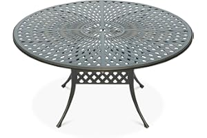 VIVIJASON Large 61" Patio Dining Table, Outdoor Round Dining Table Fits for 6-8 Person, Dark Bronze Cast Aluminum Rustic Patio Furniture Table with Umbrella Hole for Balcony, Porch and Deck