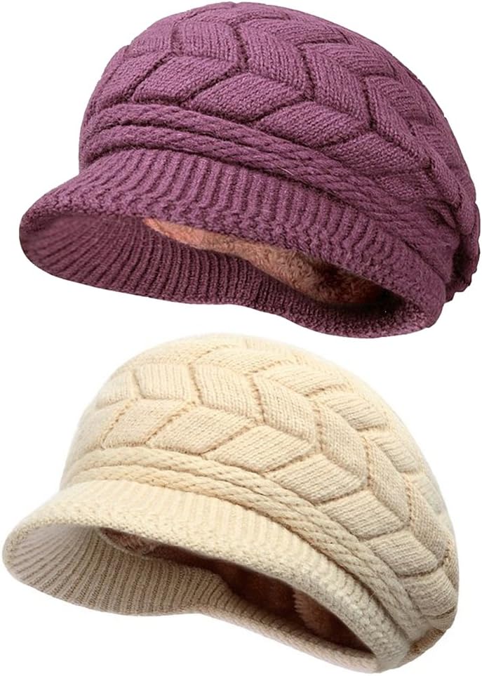 Women Lady Braided Warm Cabled Knit Winter Beanie Crochet Hats Newsboy Caps 2-pack (Purple+Beige)