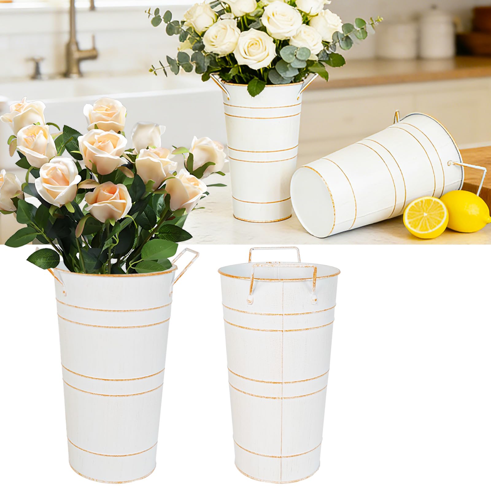 Photo 1 of 10" Tall Flower Buckets Metal Vase - Pack of 2 Rustic Farmhouse Centerpiece Vases for Table with Handles, Wedding Home Table Decor, Farmhouse White Flower Bar Bucket Holder