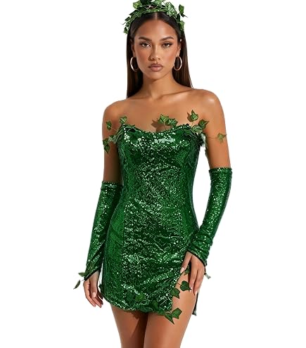 Women Ivy Costume Halloween Green Sequin Poison Villain Cosplay Costumes