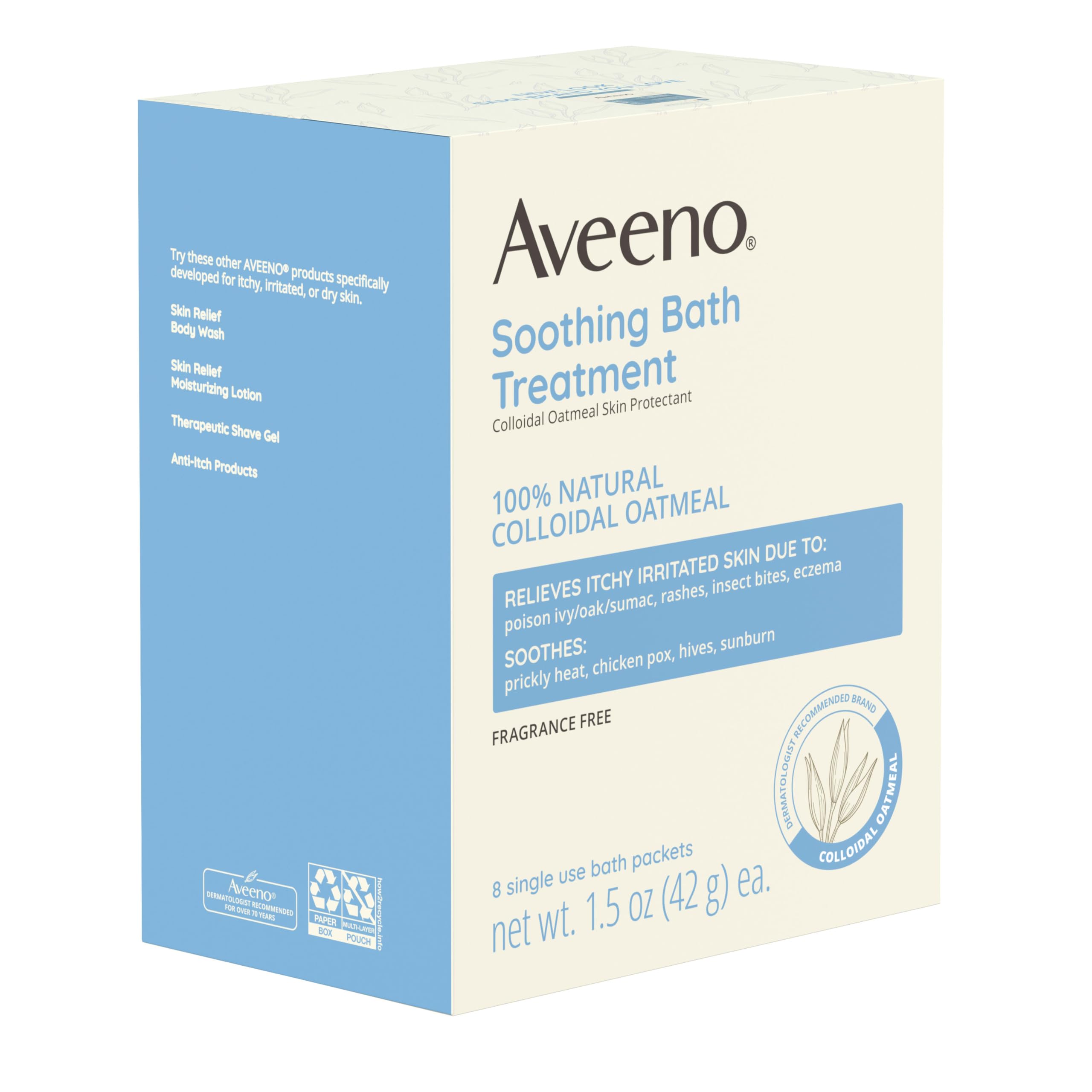 Aveeno Fragrance-Free Soothing Bath Treatment & Soak for Soothing Relief, 100% Natural Colloidal Oatmeal, Relieves Itchy, Irritated Skin Due to Eczema, 8 Single-Use Bath Packets