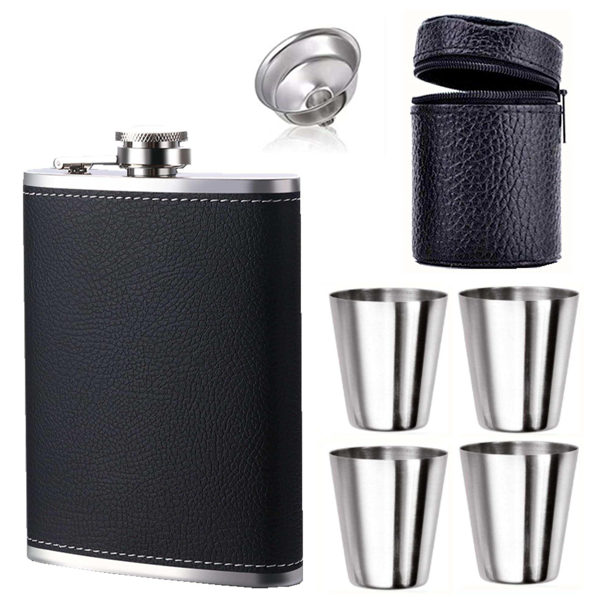 GUFRRST 8 oz Stainless Steel Black Matte and Leak-Proof, Suitable for All Genders, Suitable for Spirits, with Funnel and Mini Glass, Chic Gift for Outdoor Parties. (Sand.)