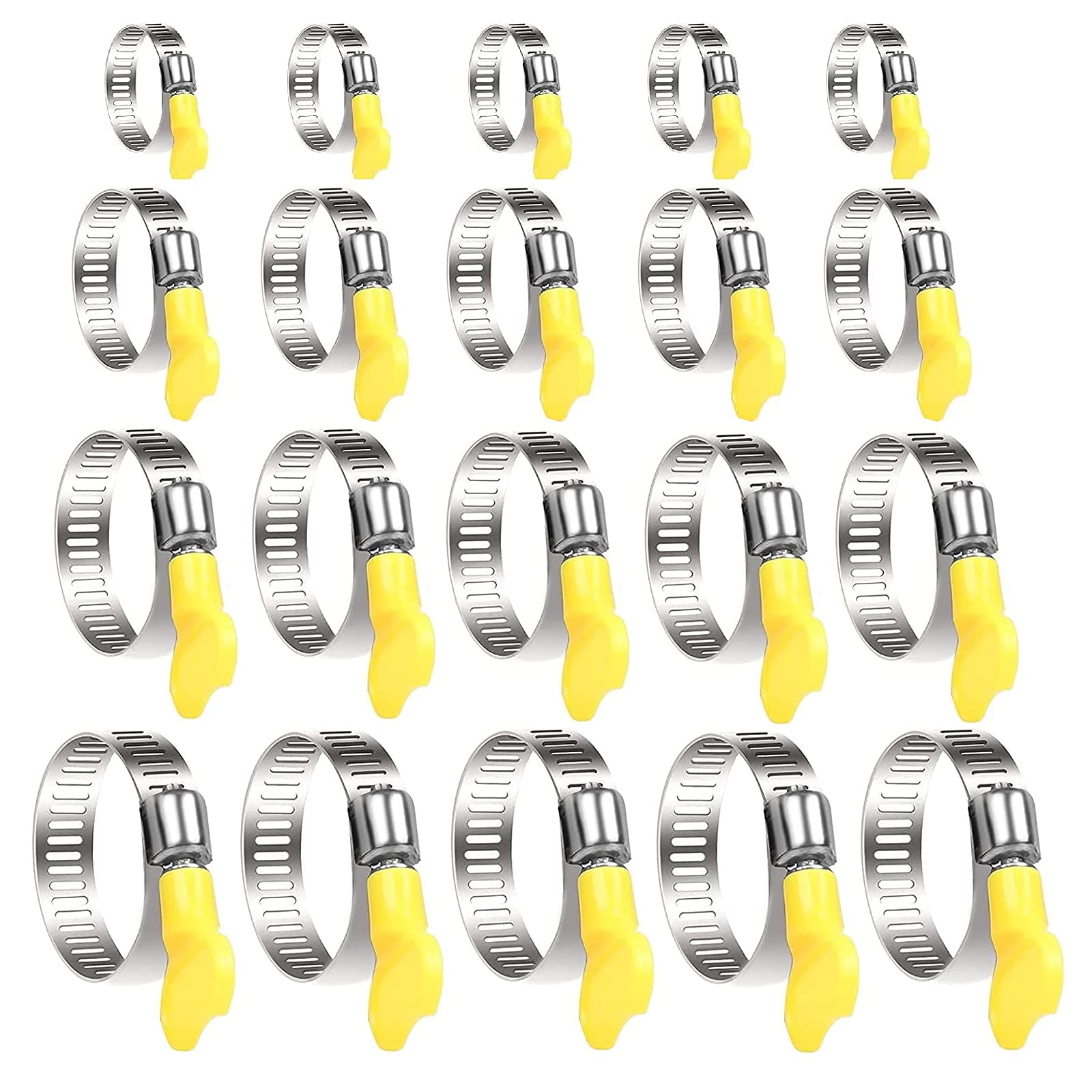 Hose Clips Set, 20 Pcs Adjustable10-38mm Range Hose Clamps 304 Stainless Steel Metal Hose Clips with Yellow Handle for Securing Hoses and Pipes Tube