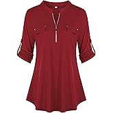 BEPEI Womens Floral 3/4 Sleeve Shirts Zip up V Neck Work Chiffon Blouses Top