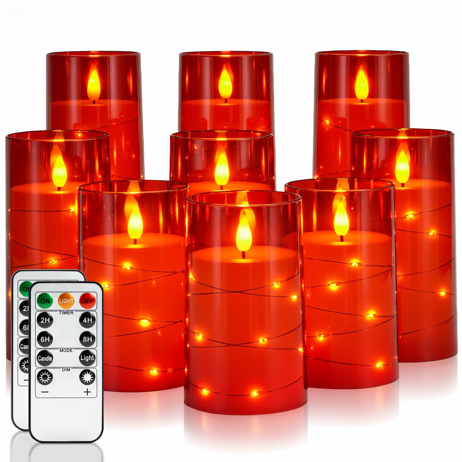 Homemory 9 Pcs Flameless Candles with Embedded Star String Fairy Lights, Battery Operated Candles, LED Candle, Fake Candles with Remote Control and Timer (Red) Image