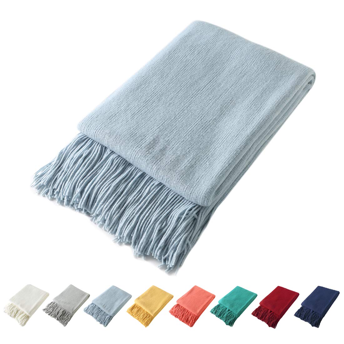 Photo 1 of Homiest Decorative Knitted Throw Blanket with Fringe Soft & Cozy Tassel Blanket for Couch Sofa Bed (Light Blue,50x60)