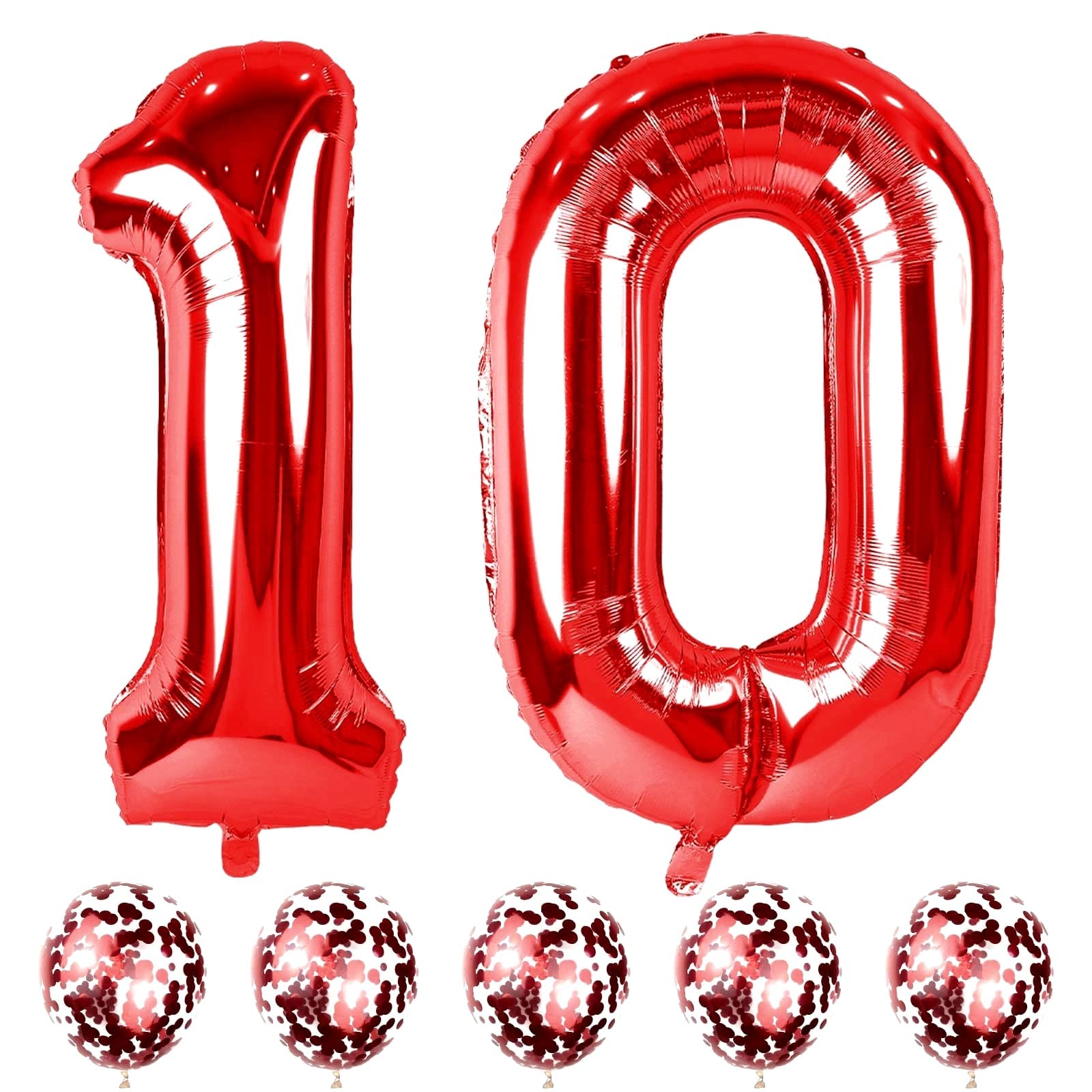10th Birthday Giant Red Foil Number 10 Balloons with Red Confetti, Helium Balloons for 10th Anniversary Party Decorations
